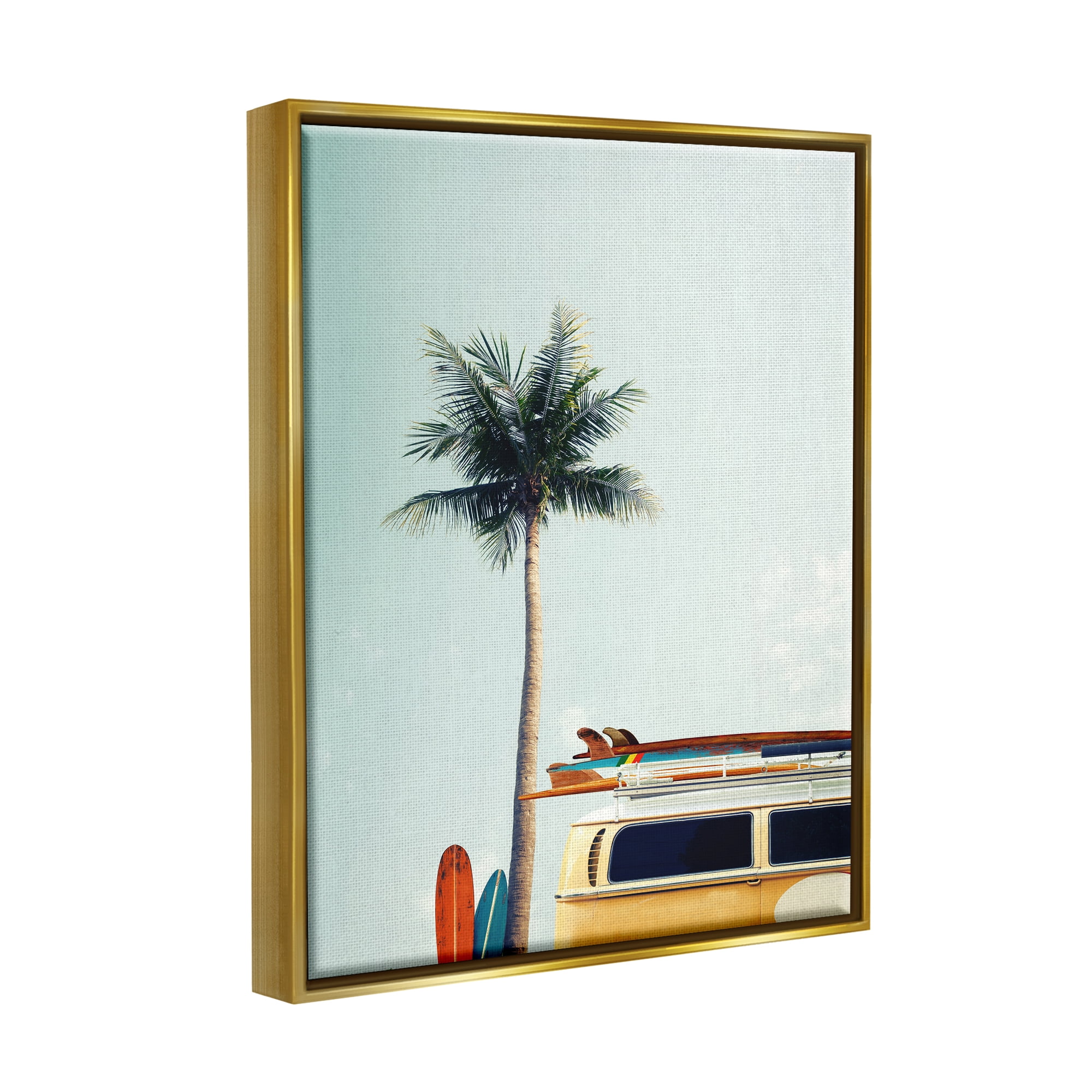 Stupell Industries Surf Bus Yellow With Palm Tree Photography Metallic Gold Framed Floating Canvas Wall Art, 16x20, by Design Fabrikken