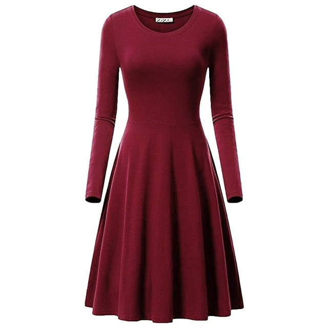 cfhntfmh Robes de Travail pour Femmes Détente Col Rond Manches Longues Robe de Bureau Grande Taille Décontractée Plissée Couleur Unie Robe Ligne A
