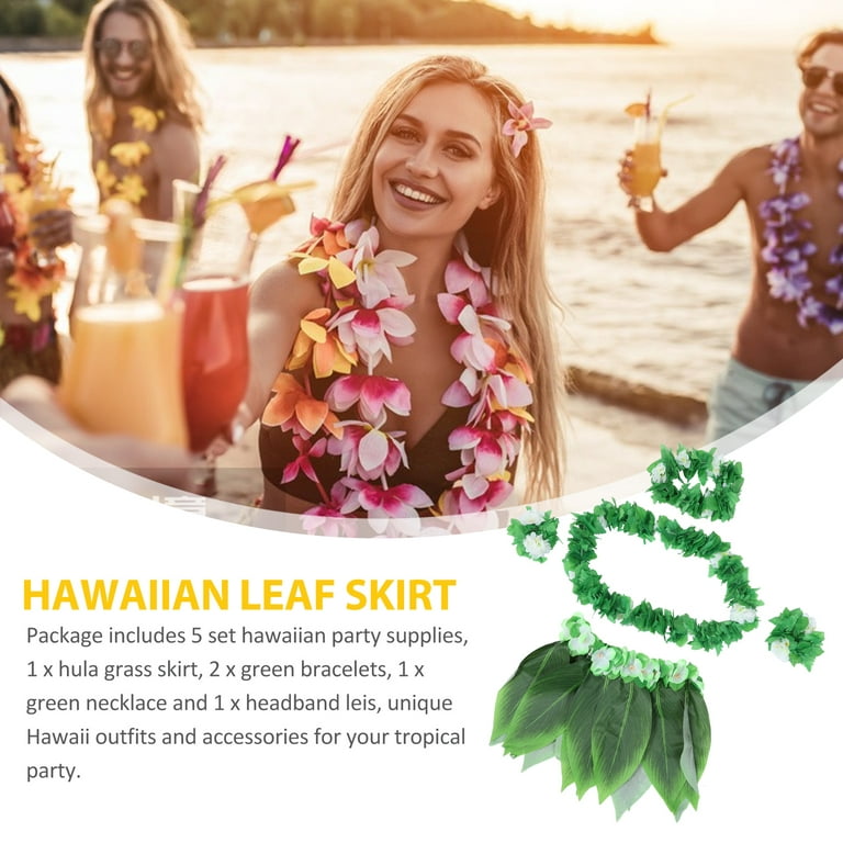 5pcs Hula Skirt Hawaiian Costume Set with Green Leaves Necklace Bracelets Headband Luau Party Favors for Beach Luau Party Supplies(Adults), Adult