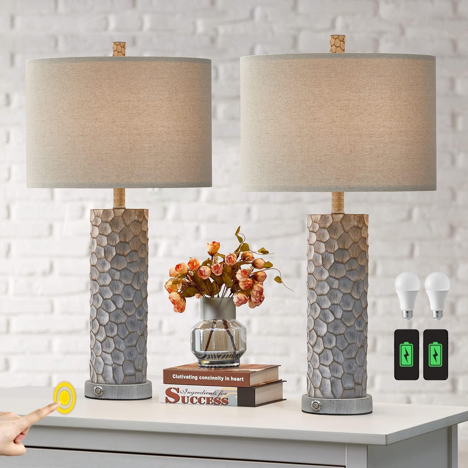 GEDUBIUBOO 3 Way Dimmable Touch Table Lamp Sets of 2 for Living Room Bedroom Rustic Farmhouse