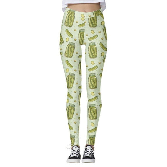 Bibifish Women's Graphic Print Yoga Pants Light Green Base Canned Pickle Pattern High Waist Stretchy Fabric Funny Novelty Leggings