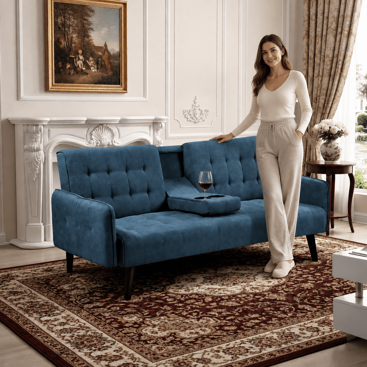 BSHTI 72" Linen Sleeper Sofa Bed with Folding Backrest,Adjustable Back, Drop-Down Table with Cup Holder for Living Room（Light Blue）