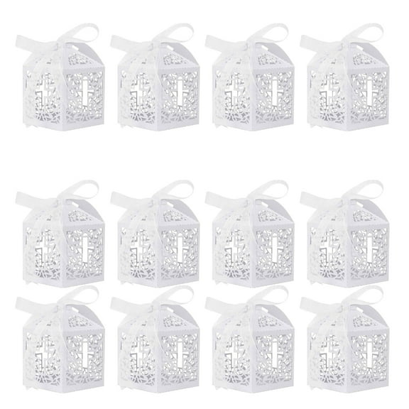 BQBQERT White Hollow Crosses Designs Favors Boxes White Crosses Candy Boxes with Ribbons for Wedding Treats and Party Gifts