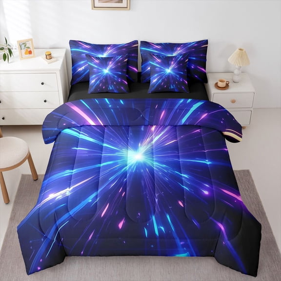 Homewish Blue Neon Lines 7-Piece Twin Bedding,Abstract Glowing Stripes Bedding Comforter Set,Black Reversible