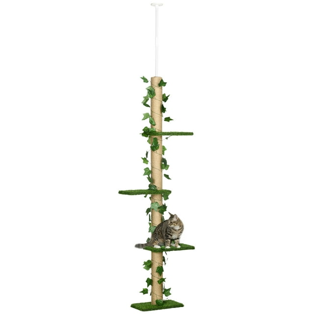 CoSoTower 4-Tier Floor to Ceiling Cat Tree, Height(80-95Inches)Adjustable, Tall Cat Tower w/ Anti-Slip Kit, Leaves, Multi-Layer Activity Centre w/ Scratching Post