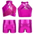 thumbnail image 3 of TiaoBug Kids Girls Cheerleading Outfits Shiny Sequin Sleeveless Crop Top and Metallic Shorts Set Dancewear Hot Pink 8, 3 of 6