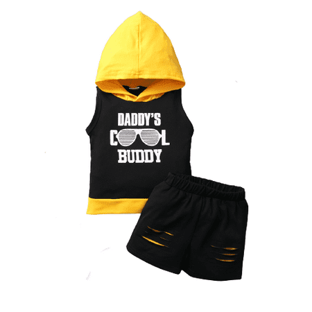 

Baby Boys Outfits Sunglasses Sleeveless Hoodies Ripped Shorts 2Pcs Clothes Set Black 3-6 Months