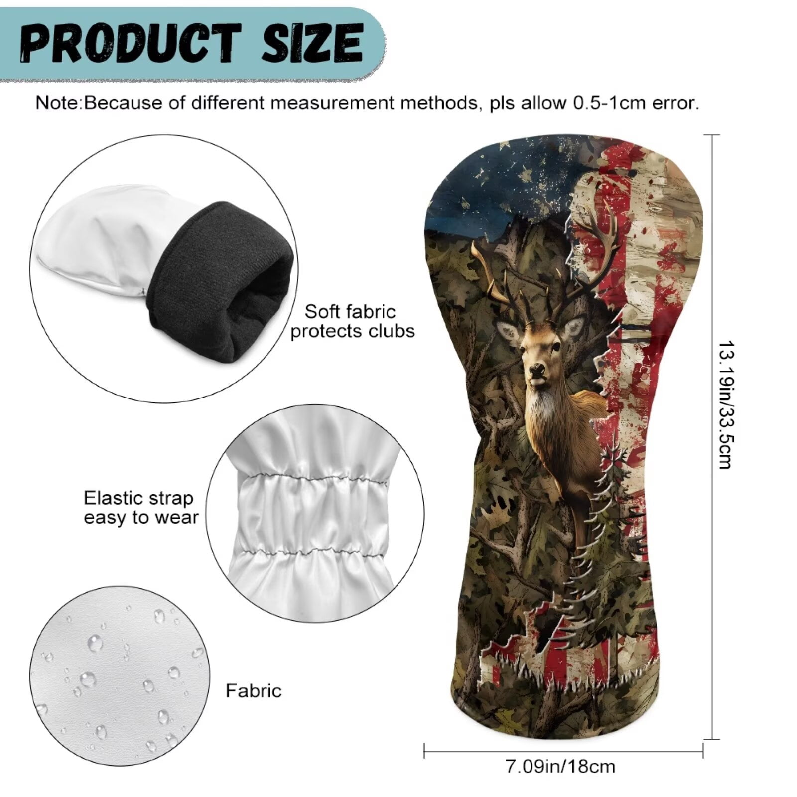 Uorisanigo Golf Club Head Covers - Driver, Fairway #3#5, Hybrid Headgear, Premium Headcovers Set Fit Most Clubs, PU Leather Camo American Flag Deer Hunter Headcovers, Golf Accessories