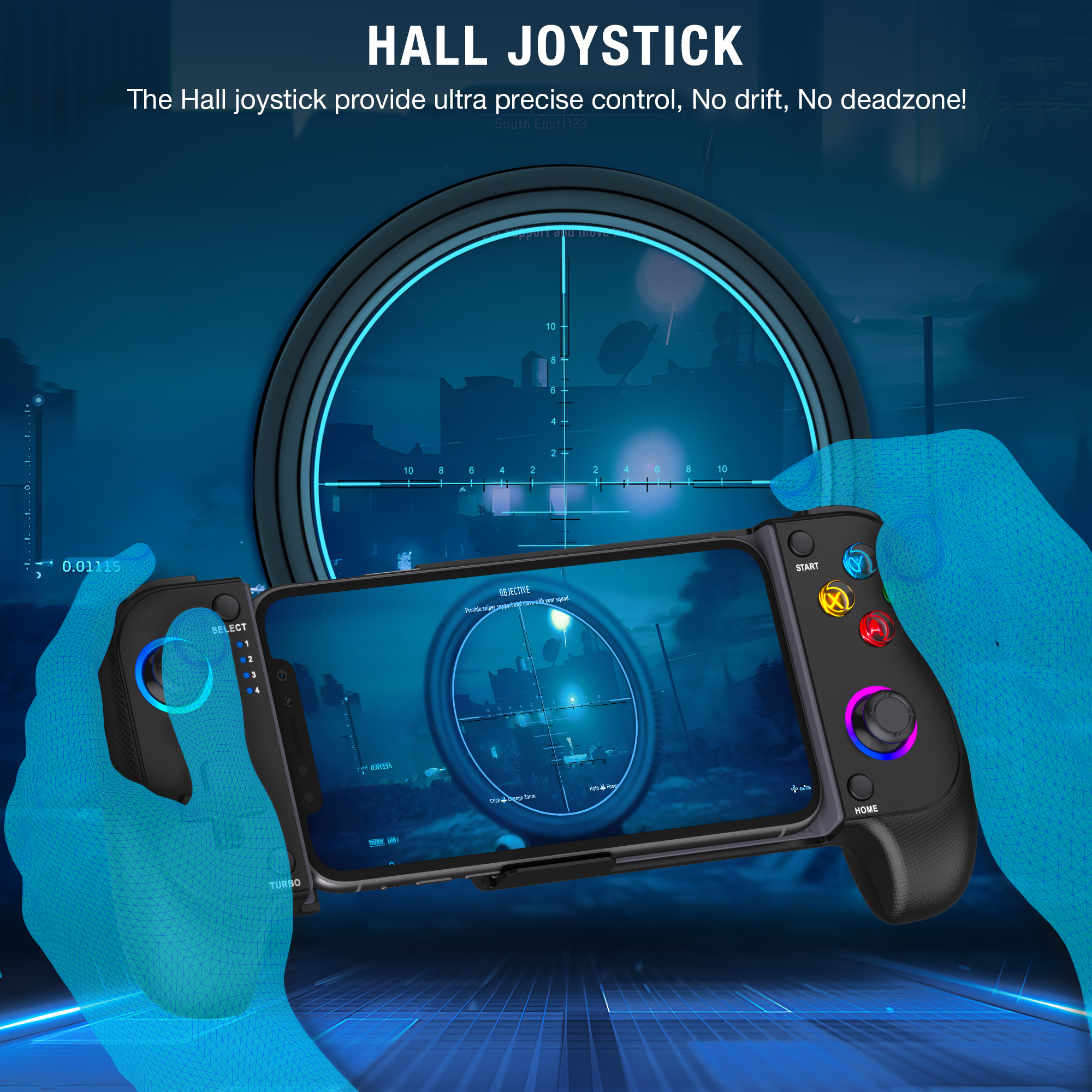 Beboncool Controlador de Juegos Móvil Inalámbrico Extensible para iOS Android, Joystick de Efecto Hall, Luz RGB, Turbo, Doble Vibración, Batería de 8H 6