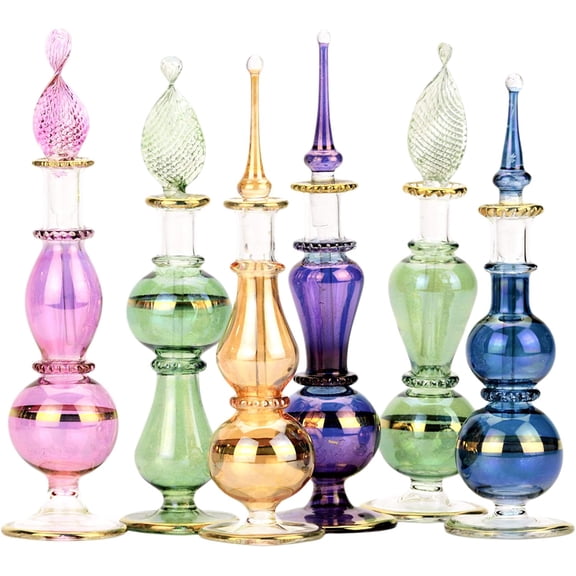 Egyptian Perfume Bottles Set Of 6 Size 4” Hand Blown Decorative Bottles With Handmade Golden Egyptian Decoration for Perfumes & Essential Oils.