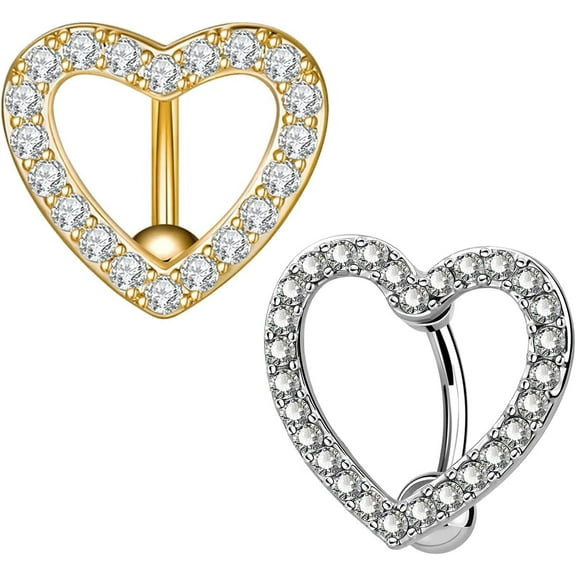2pcs Love Heart Belly Button Rings Crystal CZ Pave Top Down 14G Surgical Steel Navel Reverse Hinged Belly Rings Body Piercing for Women Hypoallergenic Sexy Beach Summer Jewelry