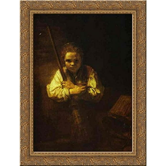 A Girl with a Broom 20x24 Gold Ornate Wood Framed Canvas Art by Rembrandt