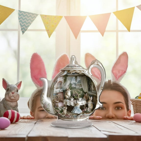 Easter Bunny Teapot Scene Acrylic Easter Desktop Decoration, Teapot Bunny Signs Desktop Ornaments Figurine Statue Easter, Gift for Shelves Table Party Spring Decor 2D Party Decoration Ornament A