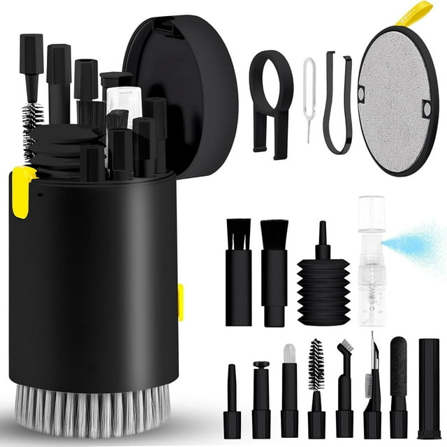 Djiypn Keyboard Cleaner Kit, Electronics Cleaning Kit with Retractable Big Brush, Portable 20-IN-1 Multi-Tools Kit for Phones, Tablet, Computer, PC, TV Camera Lens with 10ml Mist Spray (Black)