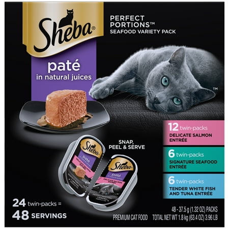 (24 Pack - 48 Servings) SHEBA PERFECT PORTIONS Wet Cat Food Pate Signature Seafood, Delicate Salmon, and Tender Whitefish & Tuna Variety Pack, 2.6 oz. Easy Peel Twin-Pack (Best High Calorie Cat Food)
