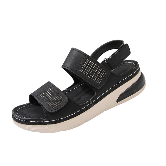 CYMMPU Women's Rhinestone Two Strap Platform Sandals, Hook and Loop Slingback Open Toe Wedge Walking Shoes Black 42
