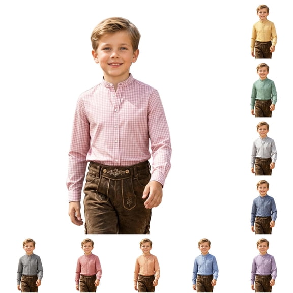 JAJAHO Boys Button Down Shirt Long Sleeve Plaid Dress Shirts With Pocket Stand Collar Regular Fit Blouses Formal Wear For Kids 2-14Y Trendy Tops