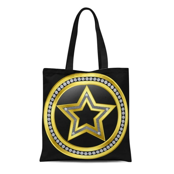 ASHLEIGH Canvas Tote Bag Bling Golden Star Emblem Diamonds Celebrity Jewel Gold Label Durable Reusable Shopping Shoulder Grocery Bag
