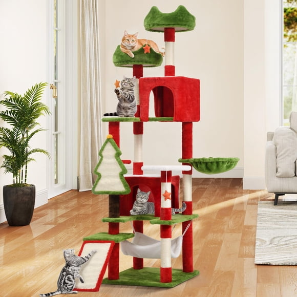 Torre Árbol para Gatos Navideña DWVO 190 cm con Perchas y Postes de Plush