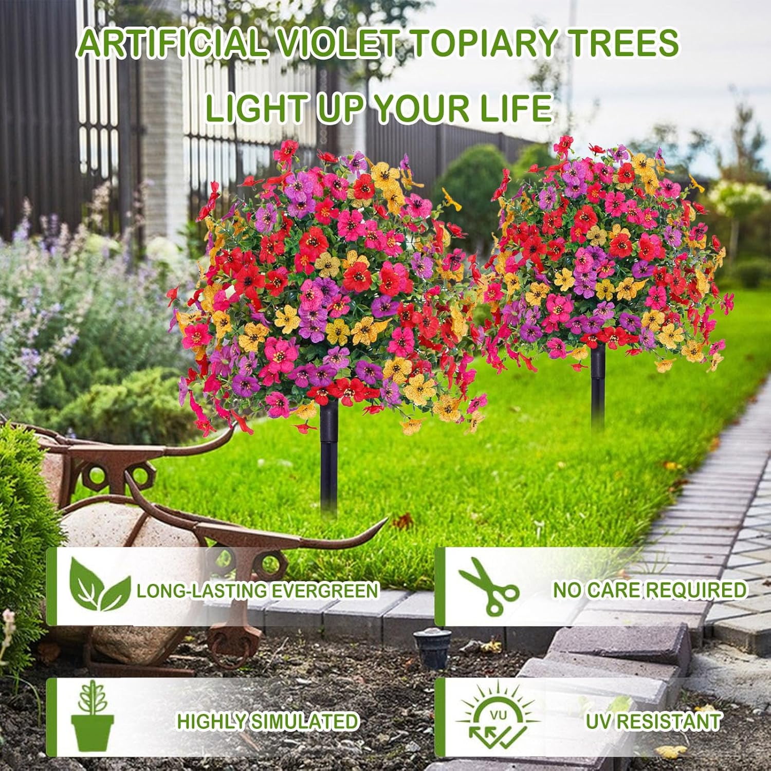 23in Artificial Violet Ball Topiary Trees with Ground Spikes, 1 Pack Fake Artificial Bushes Plants,Faux Artificial Shrubs Tree for Indoor Outdoor Front Porch Decor (MC)