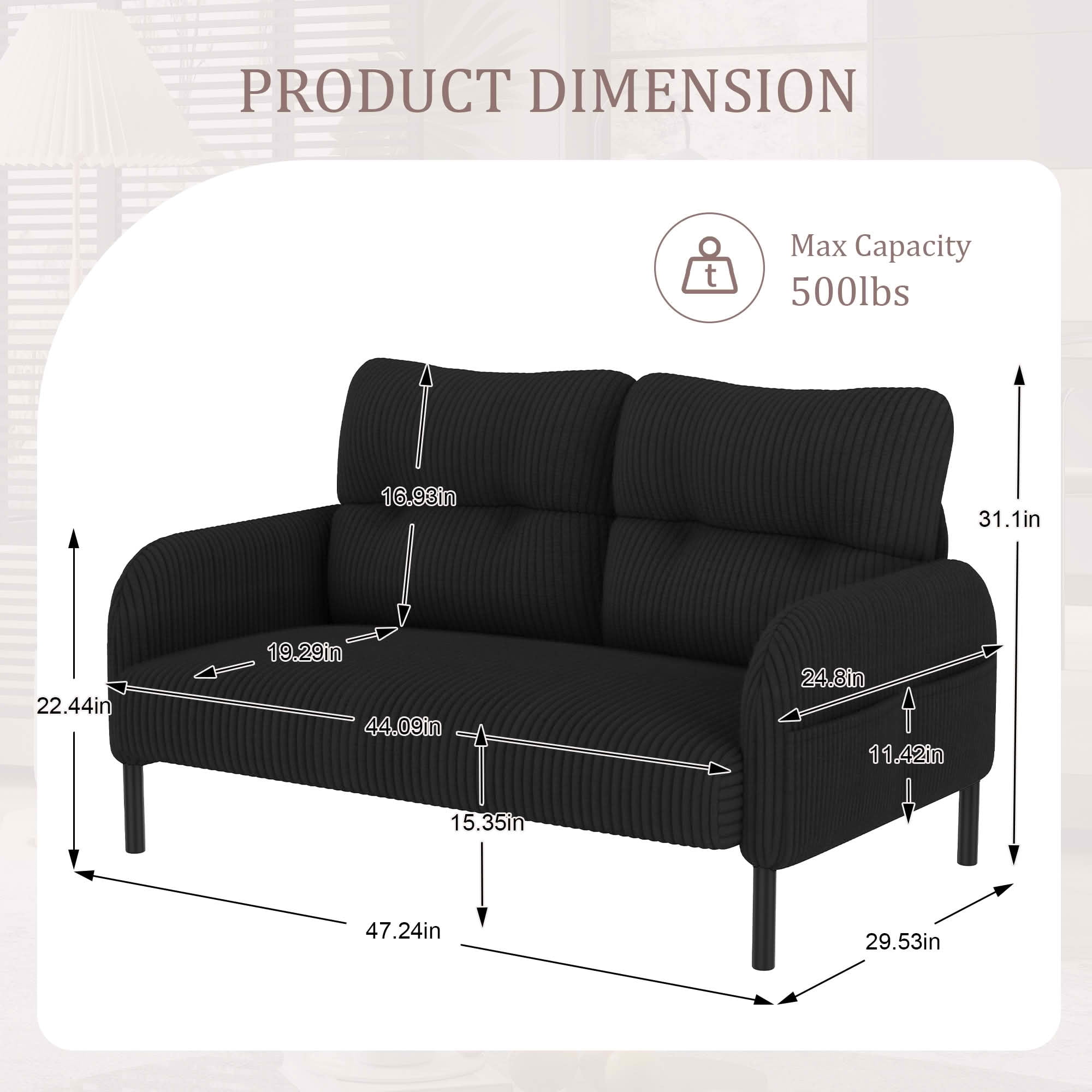 MAYEERTY Corduroy 2-Seater Loveseat, Modern Monochrome Double Sofa with Side Storage Pockets & Sturdy Wood Frame for Home Office