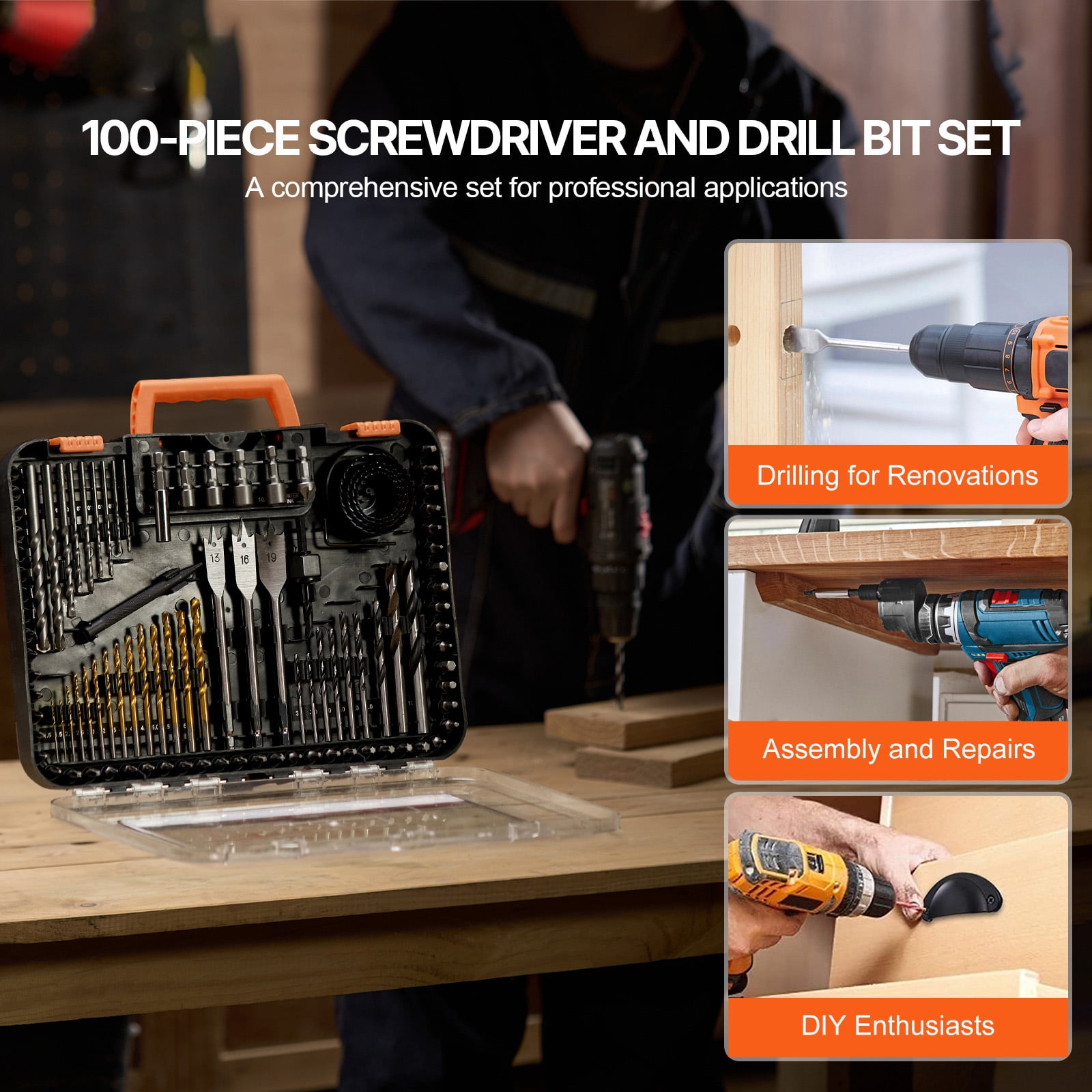 KFFKFF Drill Bit Set, Compilation of 100 Drill and Driver Bits, Screwdriver Bit Assortment Ideal for Drilling in Wood, Metal, and Cement, and for Screw Driving, Drill Bit Combination Kit
