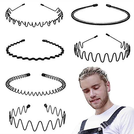 Banda para el cabello con dientes para hombres, banda para el cabello de metal de moda para hombres, diademas onduladas unisex elásticas negras, antideslizantes (6 piezas)
