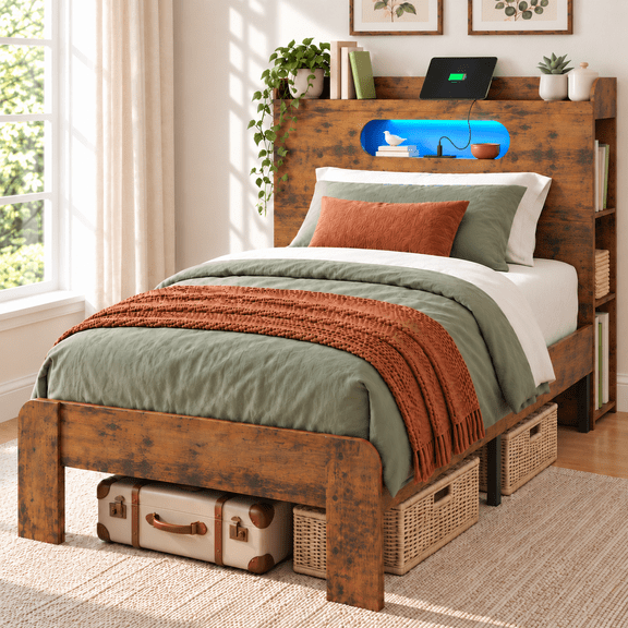 Ktaxon Twin Bed Frame with Storage Headboard, LED Lights & Charging Station, Farmhouse Style, Rustic Brown