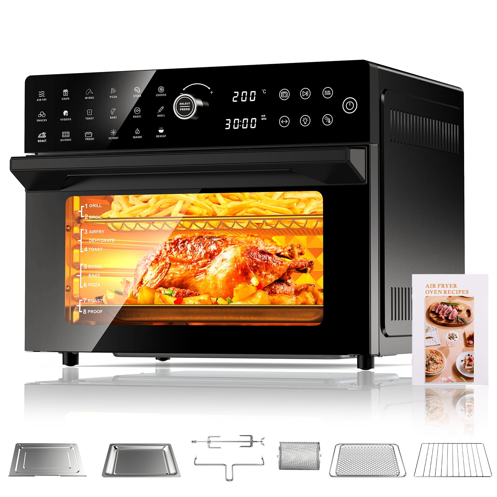 32QT Extra Large Air Fryer, Toaster Oven Air Fryer Combo, 360Hot Air Circulation, 1800W Preset Dual Cook, 13"Pizza Cooking, 20-in-1 Double-Rack Oven, 7-Accessory, Transparent Door
