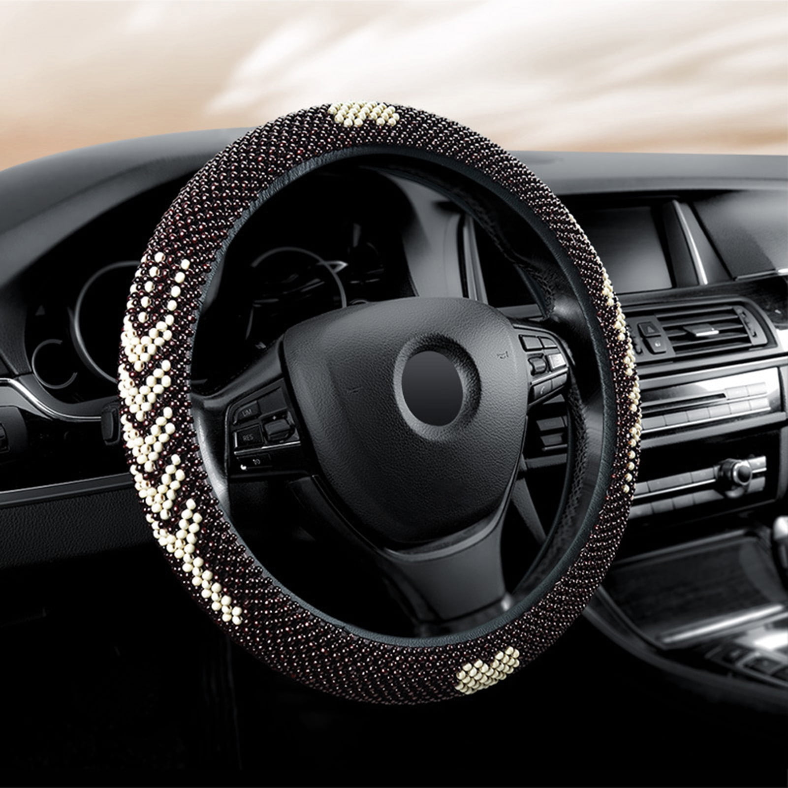 Happy Date Car Steering Wheel Cover,Delicate Workmanship Breathable Beaded Anti-Skid Perfect Decor Comfortable Grip Wooden Bead Steering Wheel Cover for Automobiles