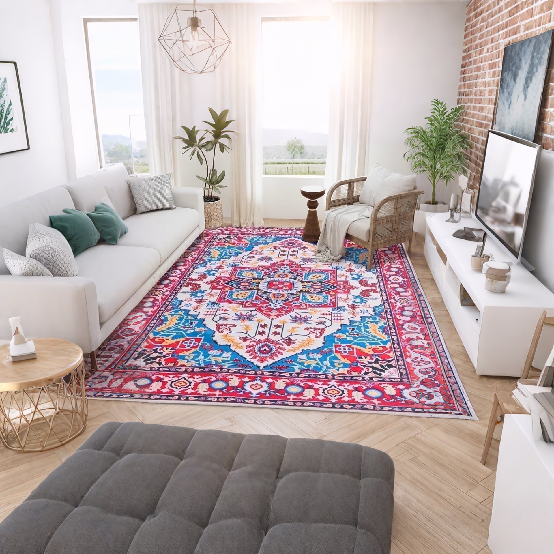 Wondiair 5x7 Non-Slip Washable Area Rug, Low Pile Persian Style Carpet, Bold Tribal Design for Living Room, Dorm and Holiday Decor