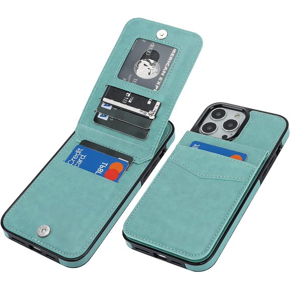 REQO Compatible with iPhone 13 Pro Max Case Wallet with Credit Card Holder, Premium Leather Magnetic Clasp Kickstand Heavy Duty Protective Cover for iPhone 13 Pro Max 6.7 Inch(Mint Green)