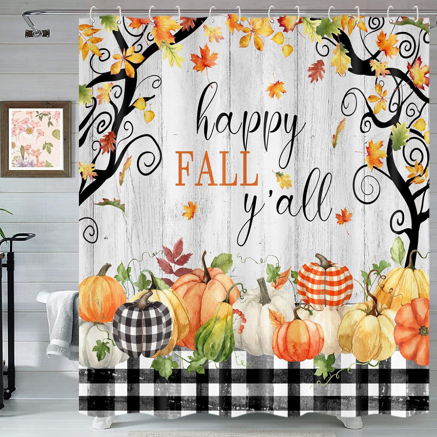 Happy Fall Shower Curtain, Farmhouse Maple Leaf Pumpkin Autumn Black White Plaid Wooden Art Printed Bathroom Decor, Waterproof Cloth Fabric Bath Curtain with Hooks 72 x 72 inch