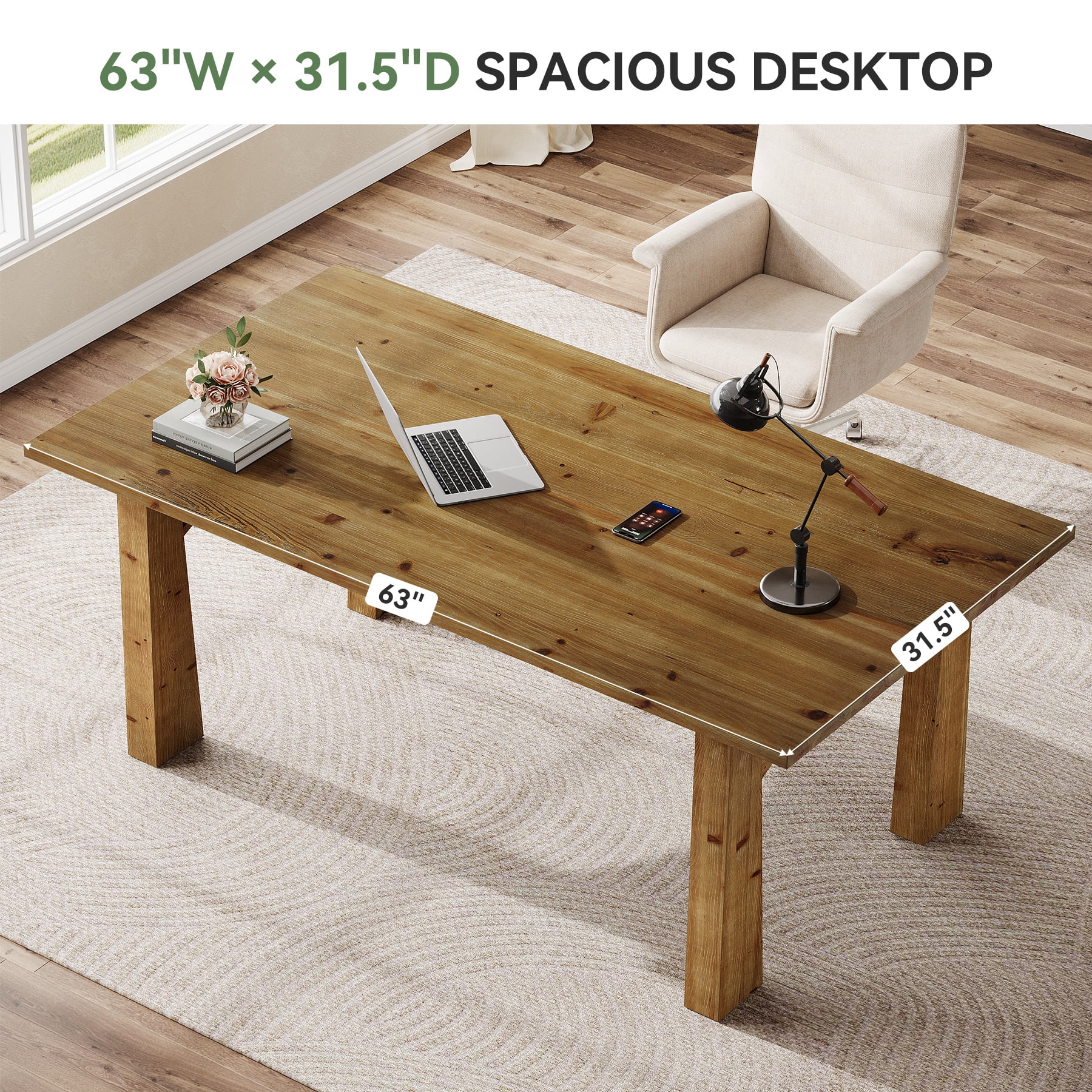 Solid Wood Executive Desk, 63" Farmhouse Home Office Computer Desk Writing Table Conference Table