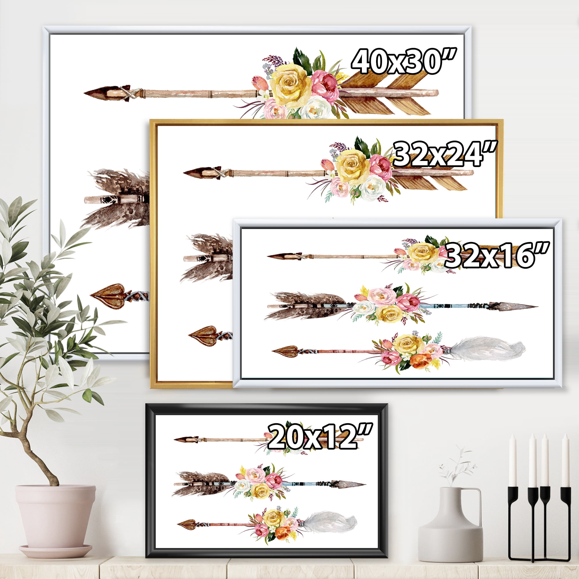 Designart 'Flowers and Ethnic Feathers On Native Arrows II' Bohemian & Eclectic Framed Canvas Wall Art Print