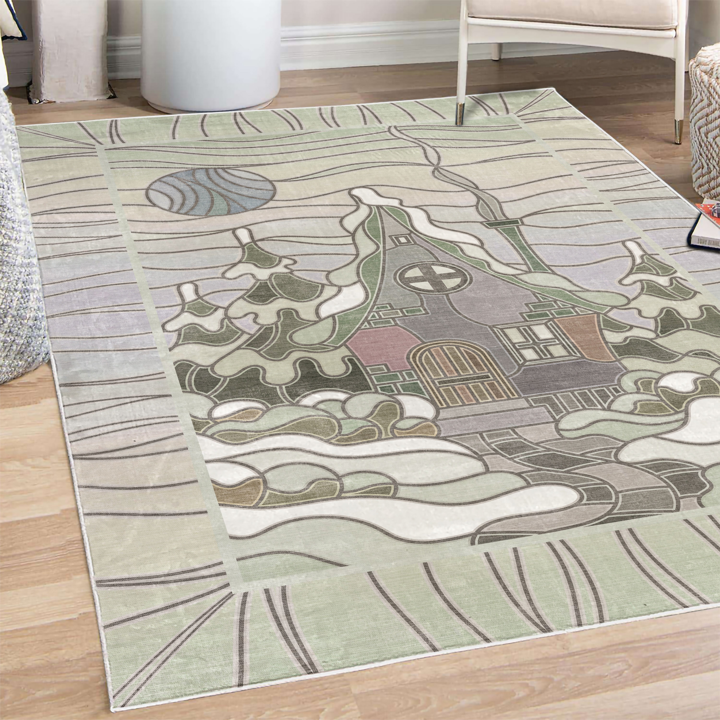 Winter Decorative Rug, Stain Glass Style Print of a Country Town House ...