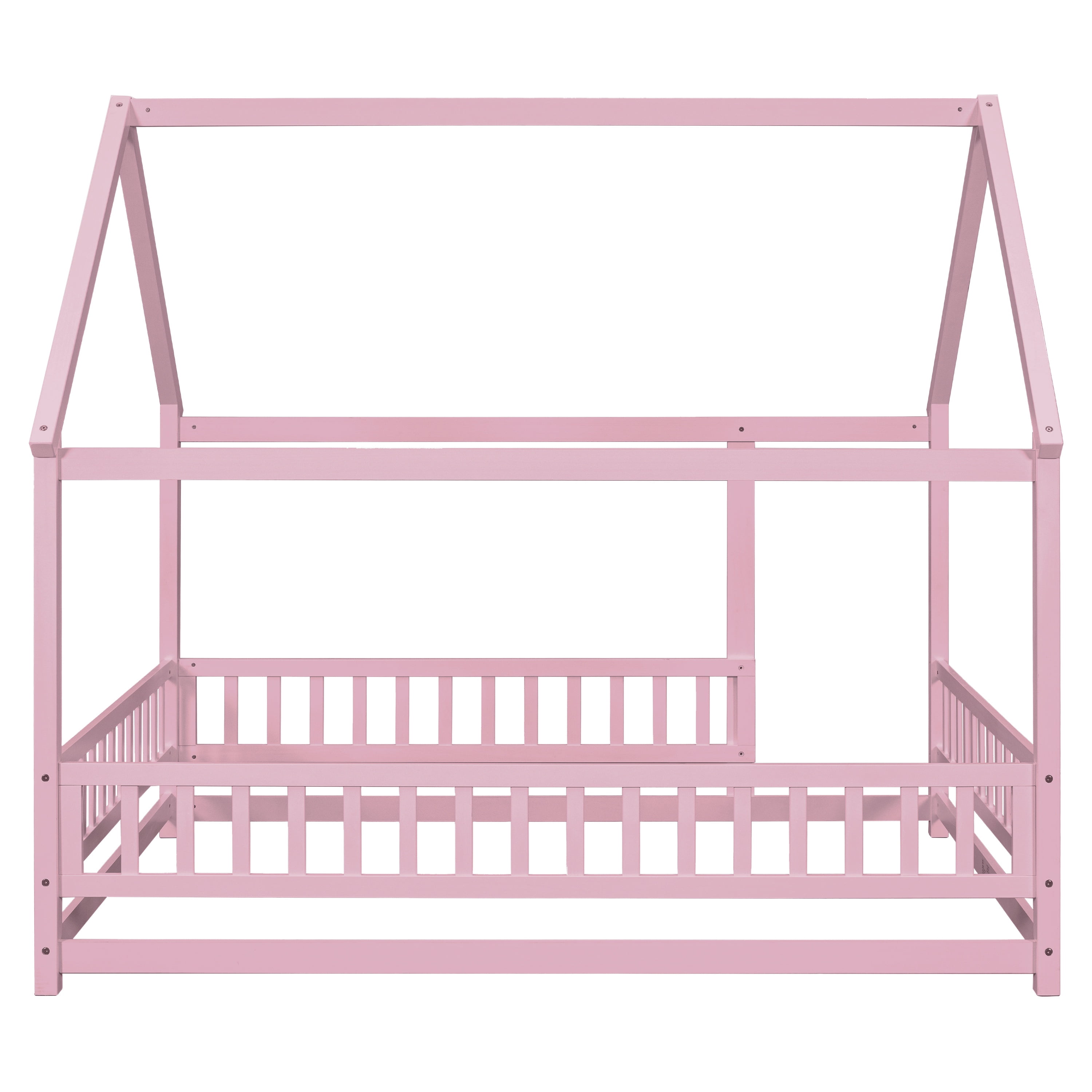 Bellemave Full Floor Bed, Wood Full Size House Bed Frame with Fence, Montessori Floor Bed for Bedroom（Pink)