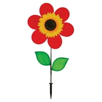 In the Breeze 2774 — 12 Inch Red Sunflower Spinner with Leaves - Colorful Flower for your Yard and Garden