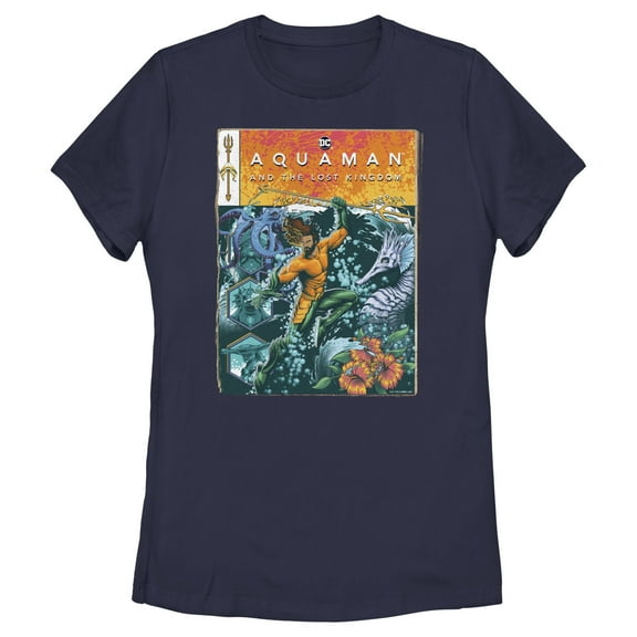 Women's Aquaman and the Lost Kingdom Comic Book Cover  Graphic Tee Navy Blue 2X Large