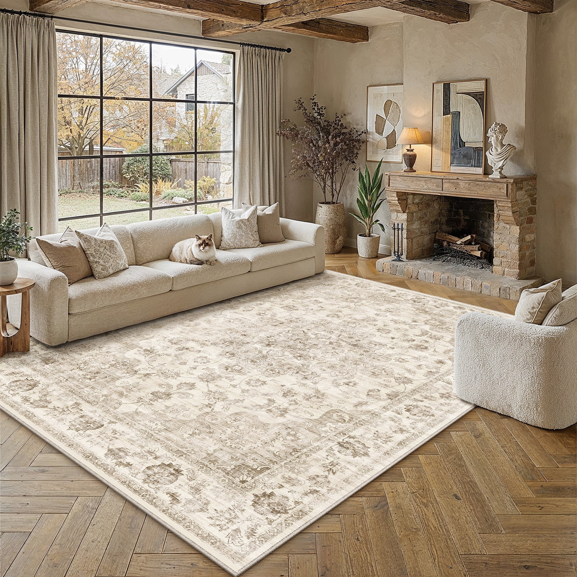 BERTHMEER 9'x12' Large Area Rugs for Living Room Bedroom Office Beige Vintage Non Slip Washable Farmhouse Dining Room Oriental Traditional Distressed Rugs