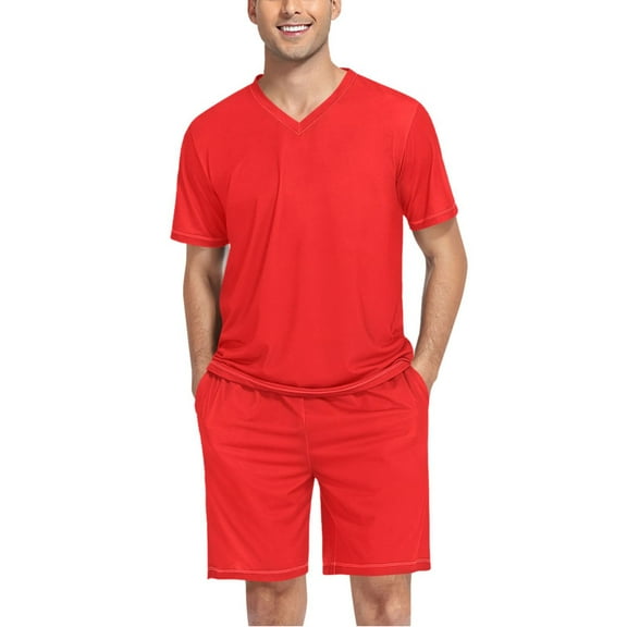 joogoo Men's Pajama Set Red V-Neck Pj Shorts Set 2 Piece Loungewear Sleepwear L