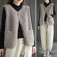 thumbnail image 4 of Fall Winter Women Vest Coat V Neck Fleece Single-breasted Double Pockets Sleeveless Cardigan Solid Color Daily Wear Office Waistcoat, 4 of 8
