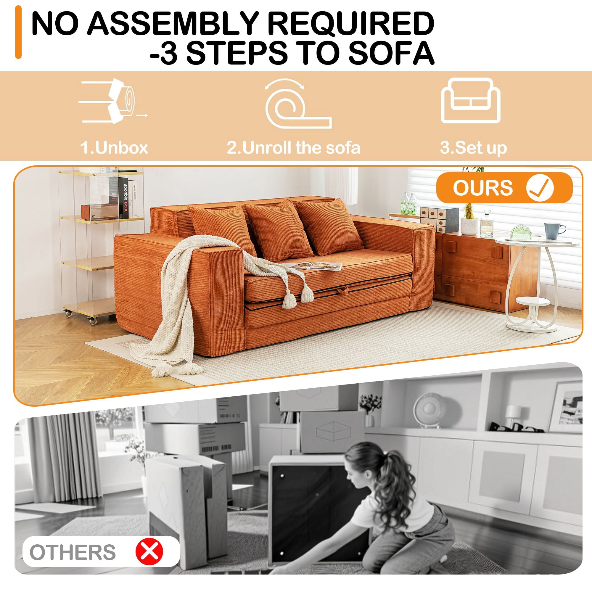 Vicluke Memory Foam 3 Seater Sofa Couch, Convertible Sleeper Sofa Bed w/Corduroy Fabric, Side Pockets, Foldable Upholstered Compressed Sofa Bed for Living Room, Apartment No Assembly Required (Tan)