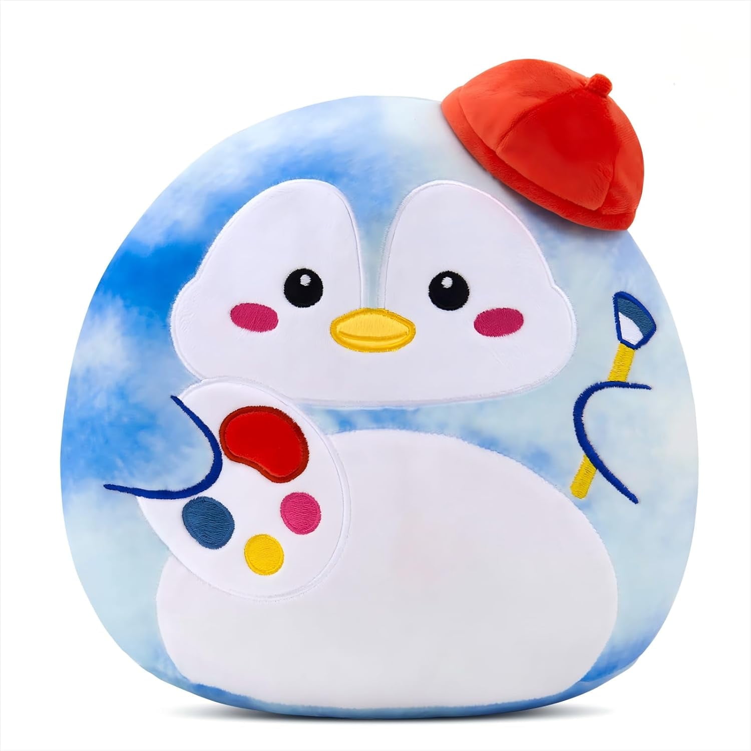 Houwsbaby 12” Penguin Soft Plush Pillow Adorable Penguin Stuffed Animal Cushion with Painter Hat Cozy & Fluffy Plush Toy for Kids Perfect Cuddle Companion for Naptime