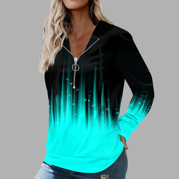 Pntutb Mujeres Otoño e Invierno Casual Gradiente Impreso Sudadera con capucha Cordón Cuarto Cremallera Manga larga Jersey Blusa con capucha Sudadera tops Pntutb Pntutb-149