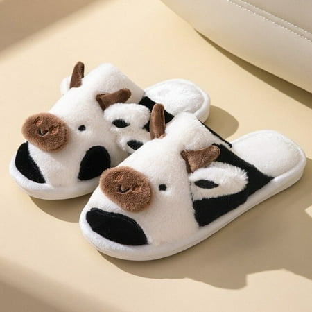

CoCopeanut 2022 Cute Animal Slipper For Men Women Kawaii Fluffy Winter Warm Slippers Couples Cartoon Milk Cow House Slippers Funny Shoes