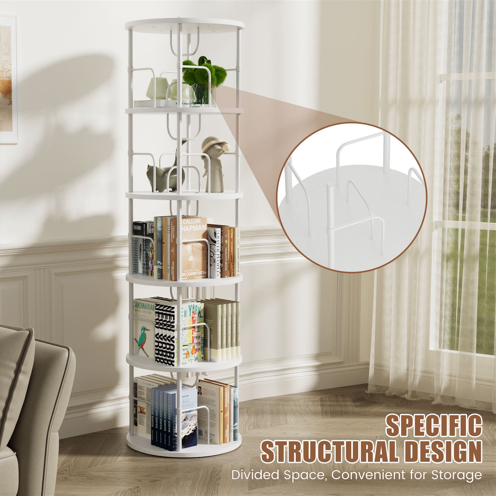 Flycity 5 Tier Rotate Bookcases, 360° Display Corner Shelf Spin Bookcases with Special Visible Partition Storage, White