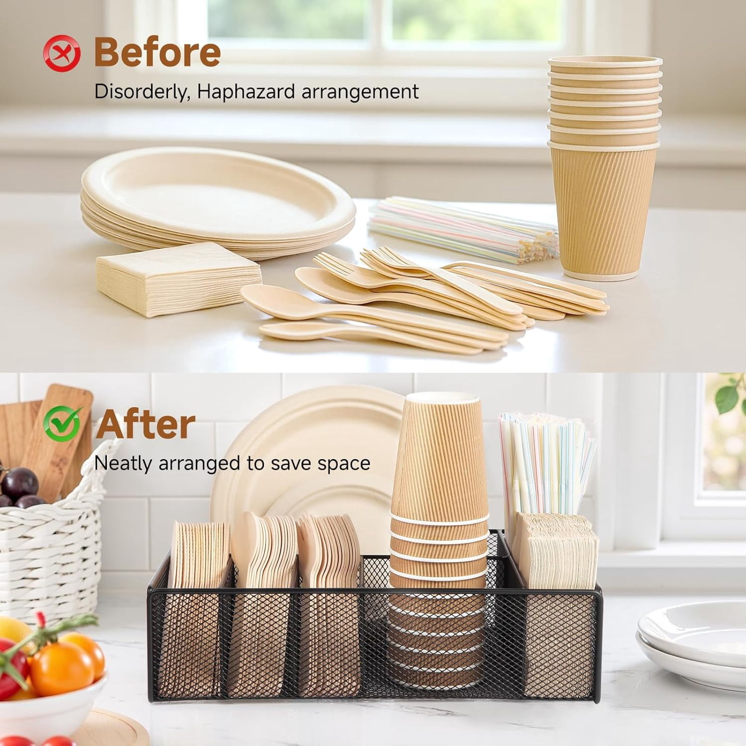 HBlife Paper Plate Organizer for Countertop, Metal 6 Compartments Kitchen Utensil Holder