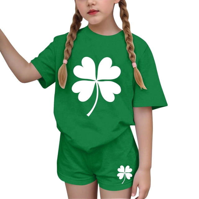 Vestido de manga corta para niños Día de San Patricio impreso conjunto de dos piezas niñas casual cuello redondo blusa y pantalones cortos