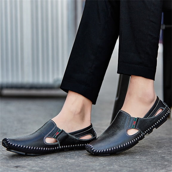 Domuza Mens Leather Driving Loafers, Lightweight Slip On Breathable Walking Boat Shoes, Comfortable Flat Outdoor Casual Moccasin Daily Wear Shoes Black 8.5 (EU-42)
